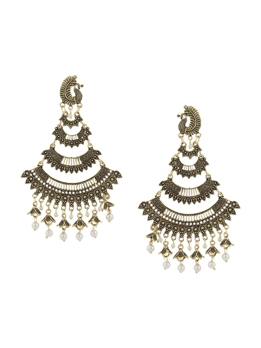 Anikas Creation Gold-Toned & White Peacock Shaped Chandbalis Earrings