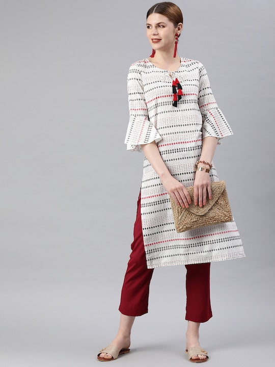 Anubhutee Women White & Black Striped Straight Kurta