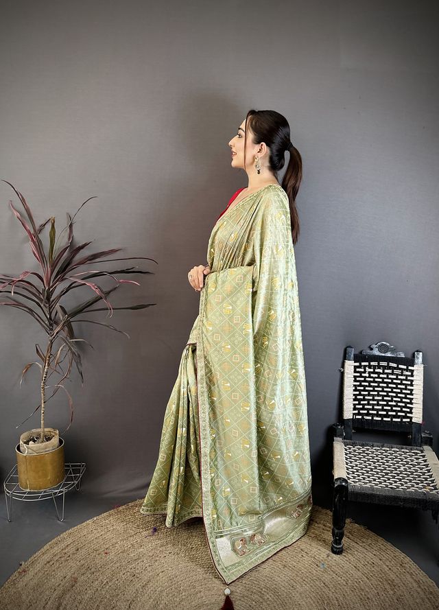 Elora Sage Green Vichitra Silk Animal Motifs Foil Print Sequence Embroidery Work Bandhani Saree