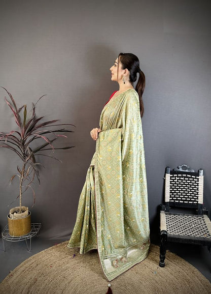 Elora Sage Green Vichitra Silk Animal Motifs Foil Print Sequence Embroidery Work Bandhani Saree