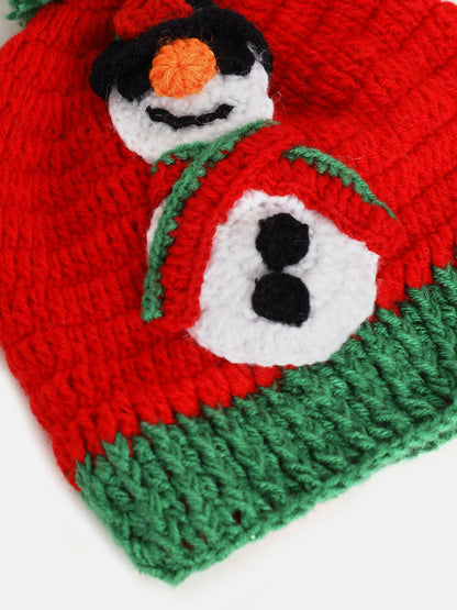 Chutput Kids Woollen Hand Knitted Full Sleeves Snowman Detail Sweater For Baby Boys With Cap - Red