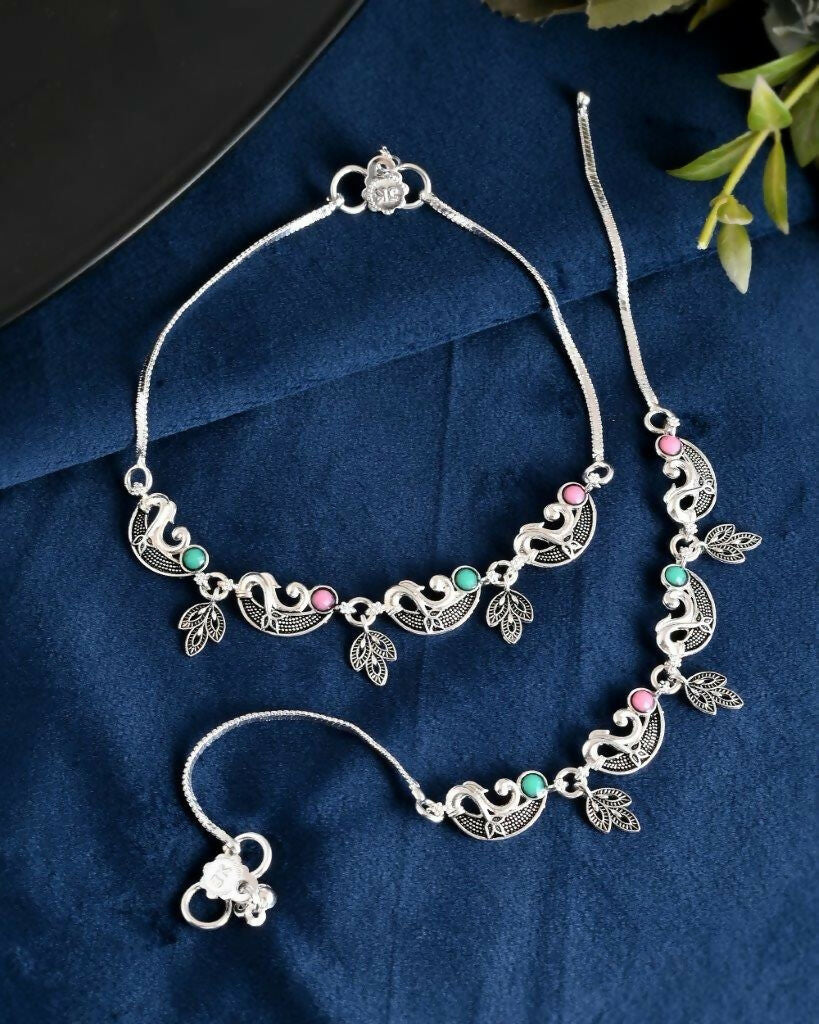 VOJ Set of 2 Silver Plated Multi Color Meenakari Anklet
