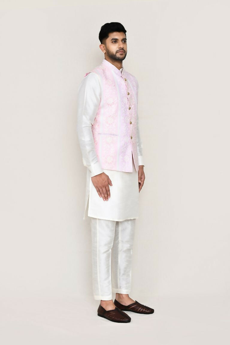 Joban Fashion White Colored Art Silk Fabric Kurta, Jacket With Straight Fit Pant