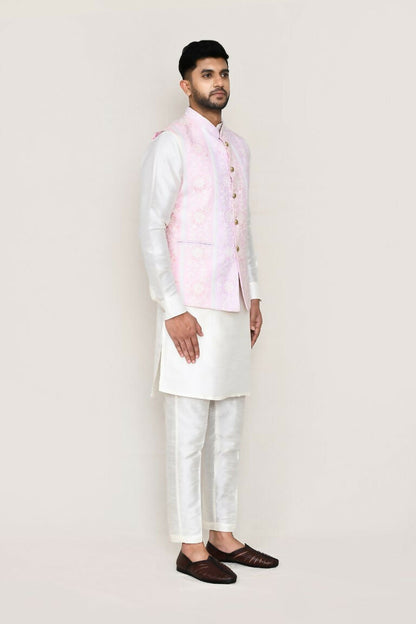 Joban Fashion White Colored Art Silk Fabric Kurta, Jacket With Straight Fit Pant