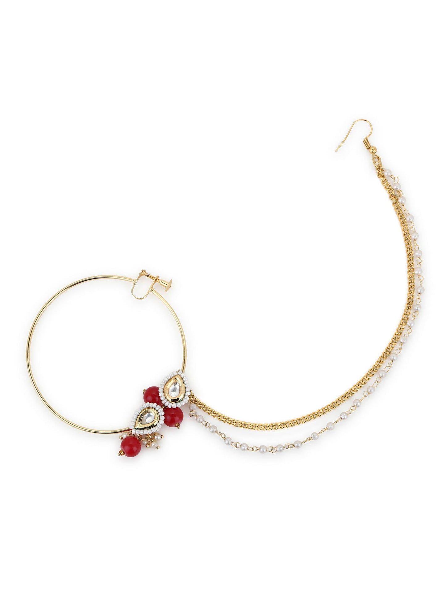 Gold-Pleated Red White Kundan Studded Beaded Nosepin - Ruby Raang