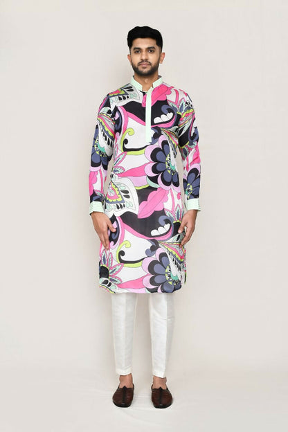 Joban Fashion Printed Colored Satin Silk Fabric Kurta With Straight Fit Pant