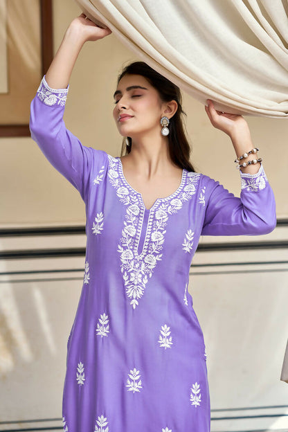 The52 Lavender Women's Gorgeous Chikankari work Pure Rayon Fabric Straight Kurta, Pant Set