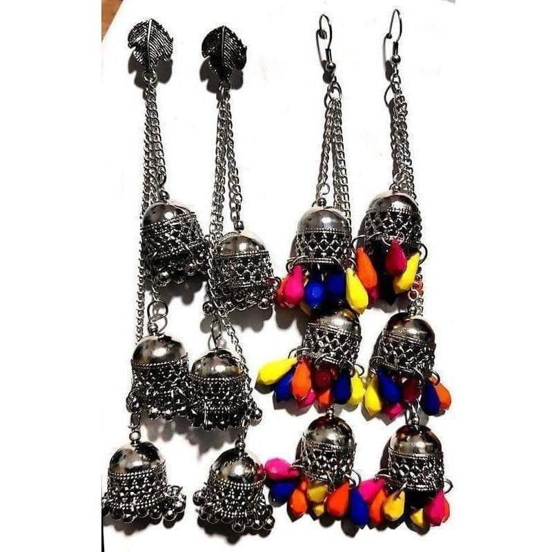 MS Fashion India Oxidised Silver Kashmiri Triple Latkan Jhumki Earrings