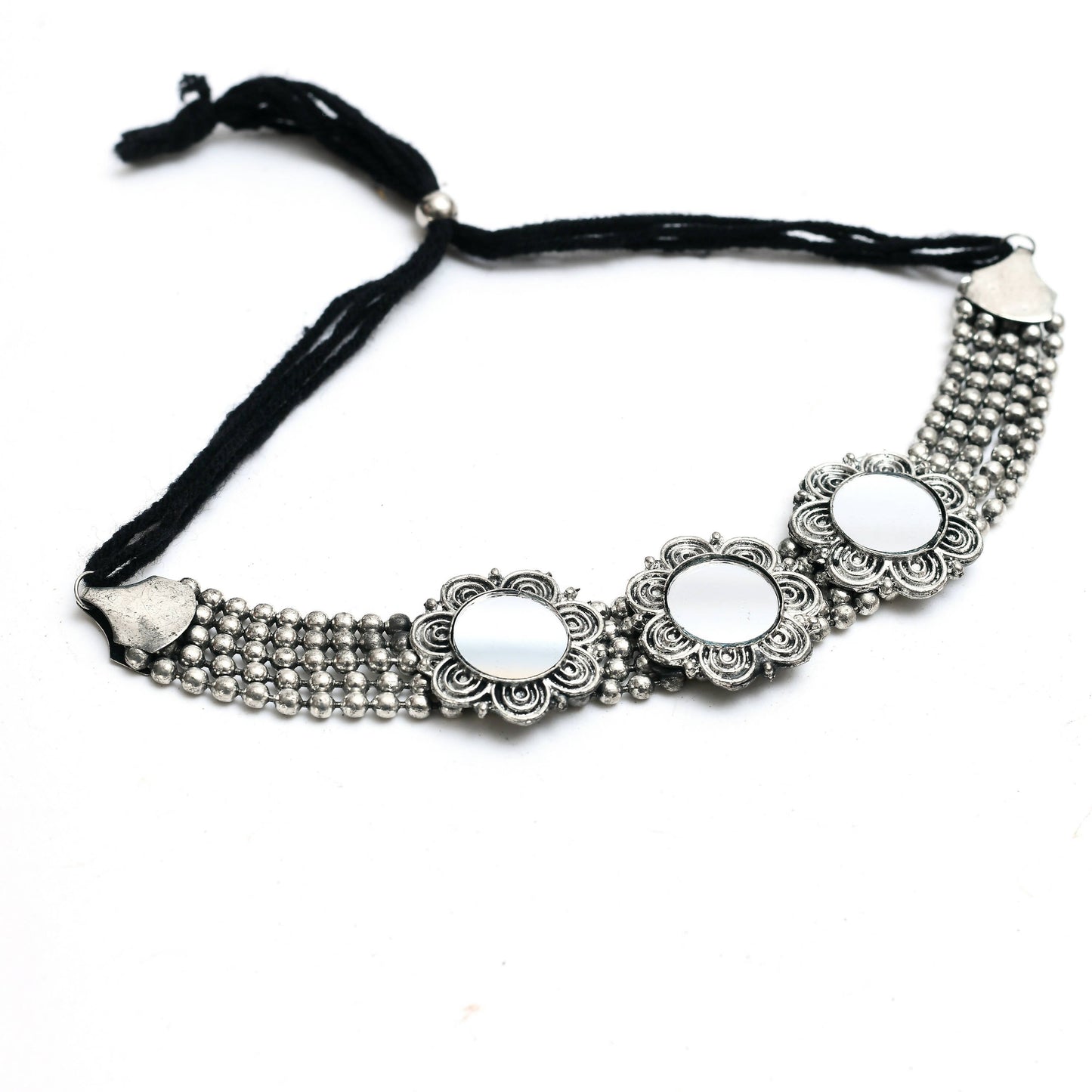 Mominos Fashion Johar Kamal Oxidised Silver-Plated Mirror Design Necklace Choker Set For Women