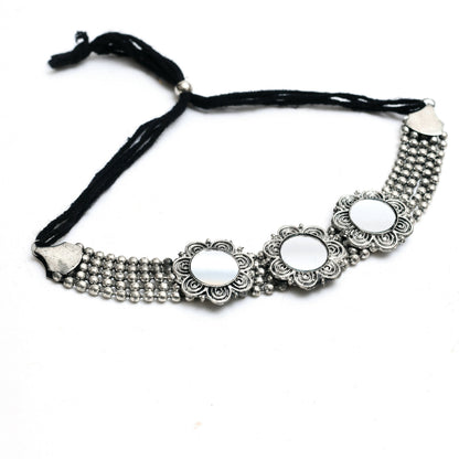 Mominos Fashion Johar Kamal Oxidised Silver-Plated Mirror Design Necklace Choker Set For Women