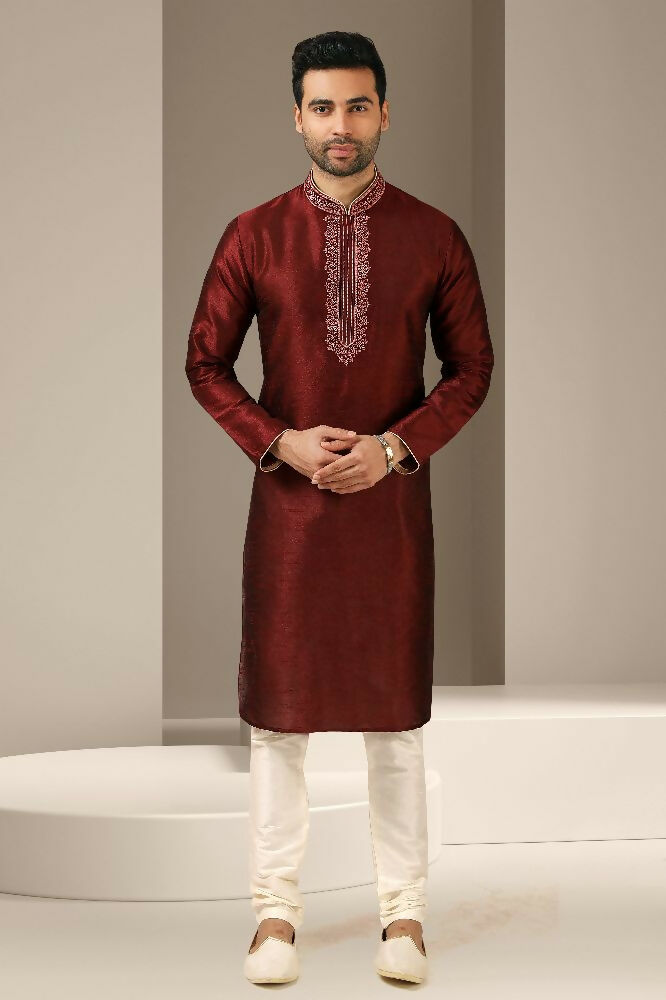 Raivat Ethnic Banarasi Art Silk Thread Work Kurta Pajama In Maroon Colour