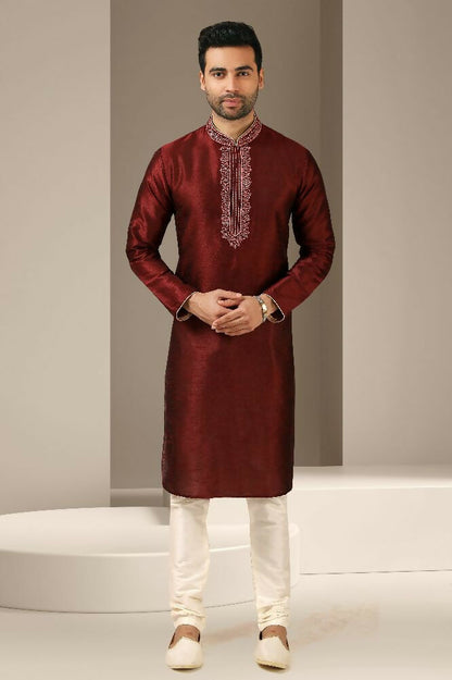 Raivat Ethnic Banarasi Art Silk Thread Work Kurta Pajama In Maroon Colour
