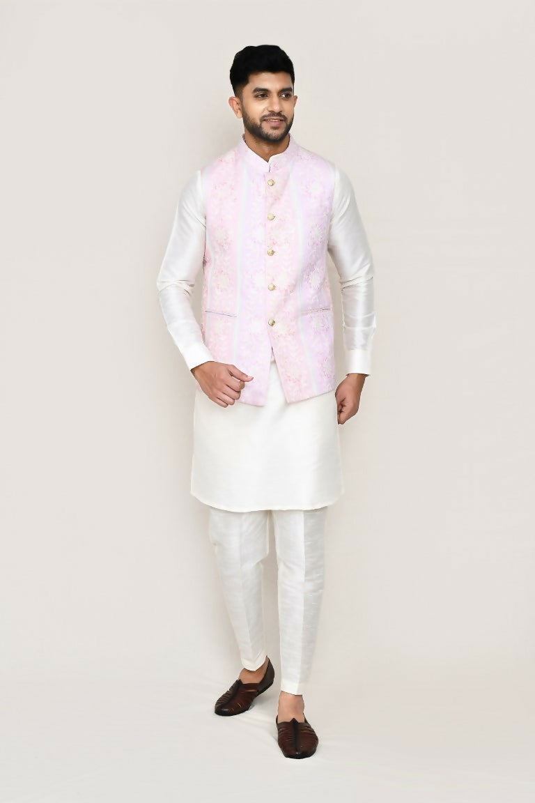 Joban Fashion White Colored Art Silk Fabric Kurta, Jacket With Straight Fit Pant
