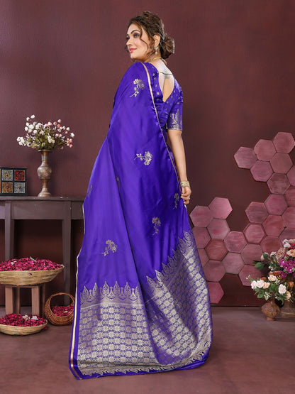 Joban Fashion Indigo Blue Floral Banarasi Silk Sarees