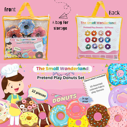 The Small Wonderland Pretend Play Donut Shop Set – 12 Colorful Fabric Donuts with Play Menu, ATM Cards, Money, and Shop Poster