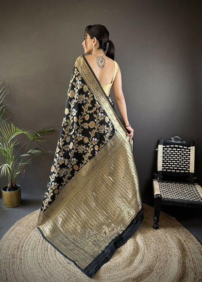 Joban Fashion Black Floral & Ethnic Motifs Design Soft Silk Meenakari Banarasi Saree