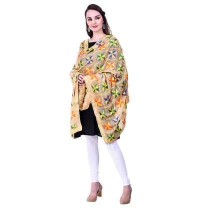 SWI Stylish Women's Embroidered Phulkari Chiffon Beige Dupatta
