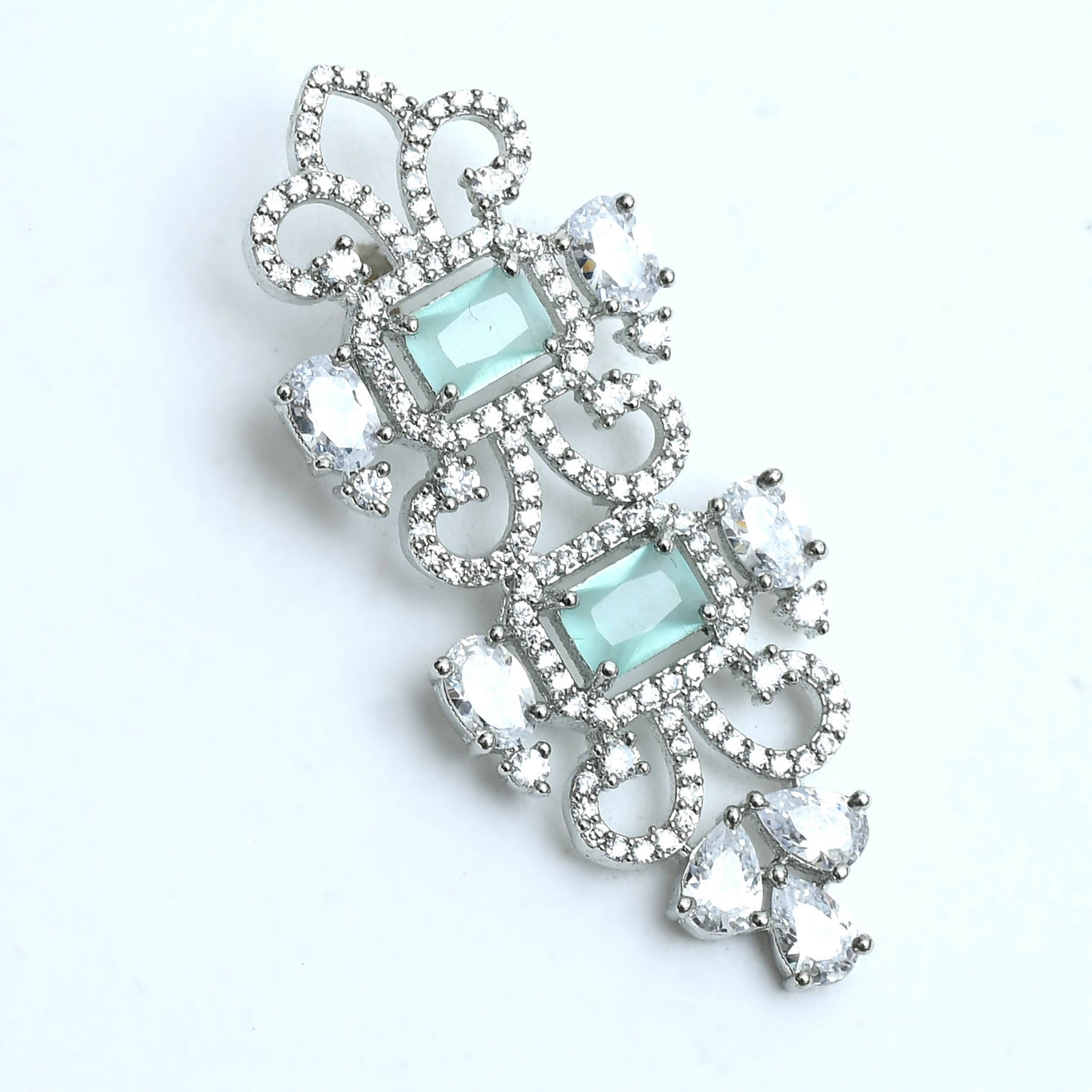 Mominos Fashion Johar Kamal Silver-Plated American Diamond Pista Green Choker Set