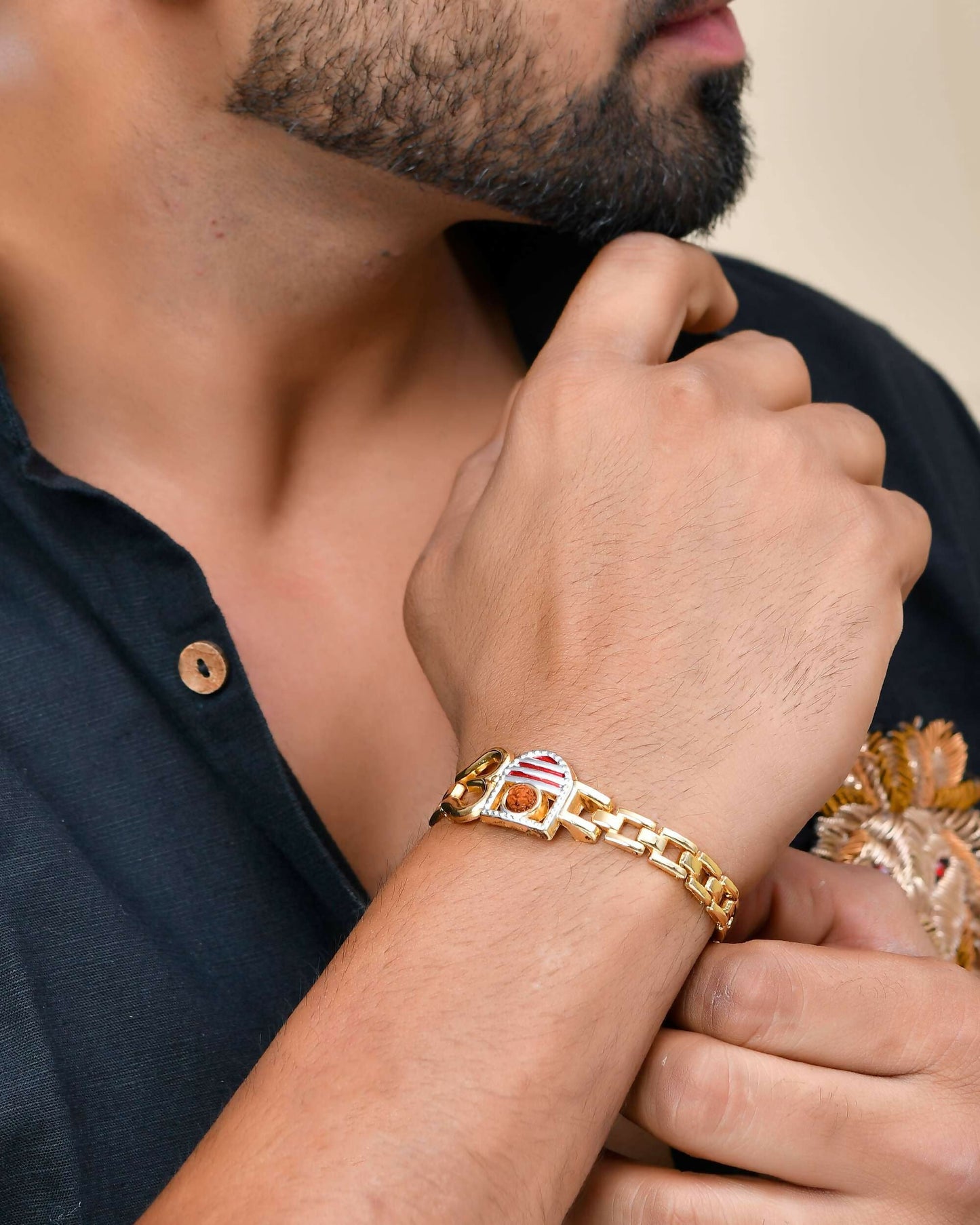 VOJ Gold-Polished Rudraksh Om Bracelet
