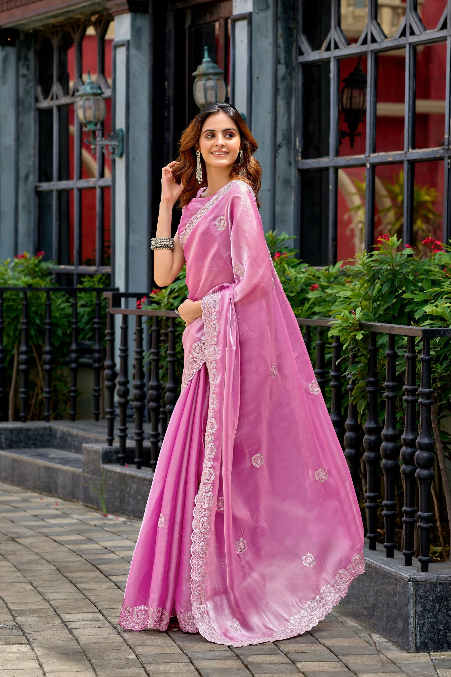Vastranavya Baby Pink Embroidery Work Shimmer Chiffon Saree with Unstitched Blouse