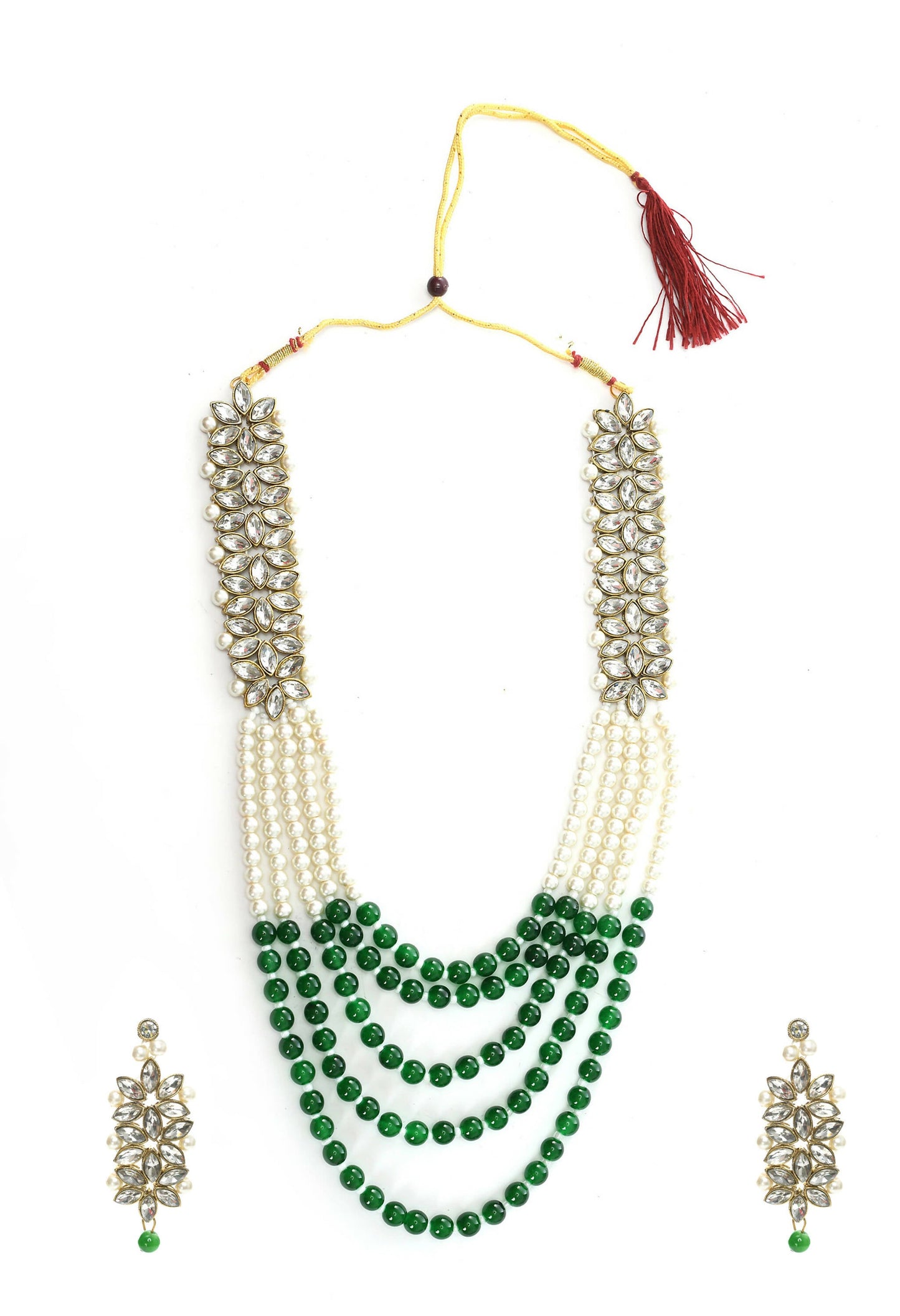 Mominos Fashion Johar Kamal Gold-Polished Rani Haar with Green and Off white Pearls Jewellery Set