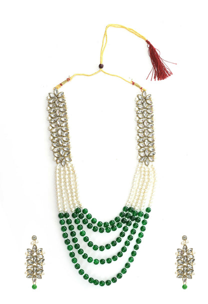 Mominos Fashion Johar Kamal Gold-Polished Rani Haar with Green and Off white Pearls Jewellery Set