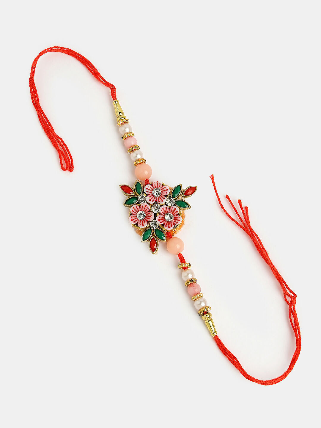 NVR Men Pink Floral Shape Stone-Studdded & Beaded Rakhi With Roli Chawal