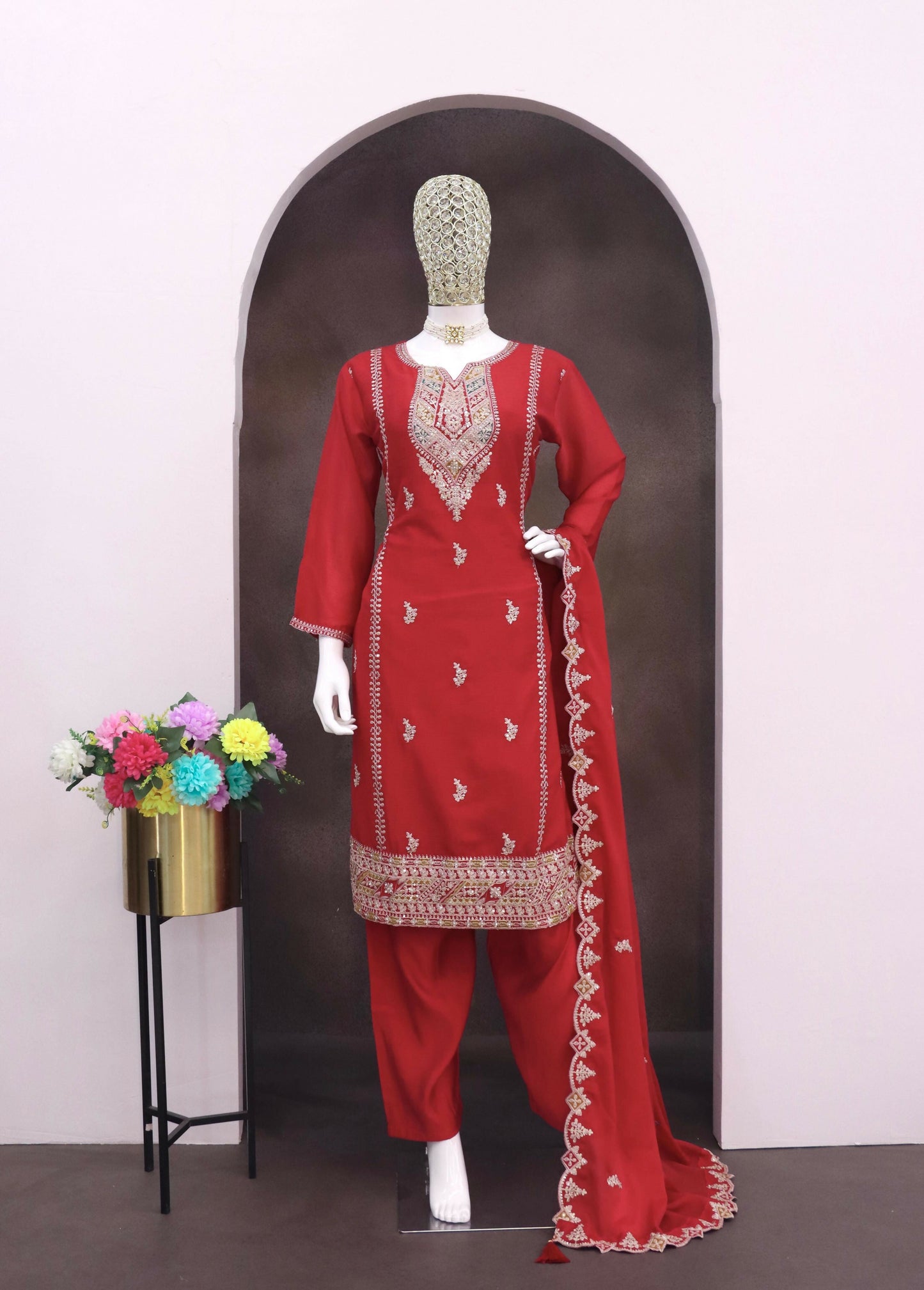 Anaita Red Heavy Chinon Readymade Suit with Embroidery & Sequence Work