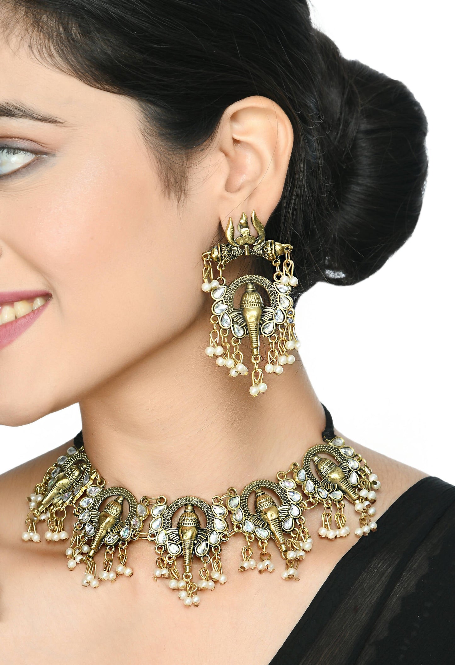 Mominos Fashion Johar Kamal Oxidised Gold-Polished Ganesha Design Necklace Choker Set