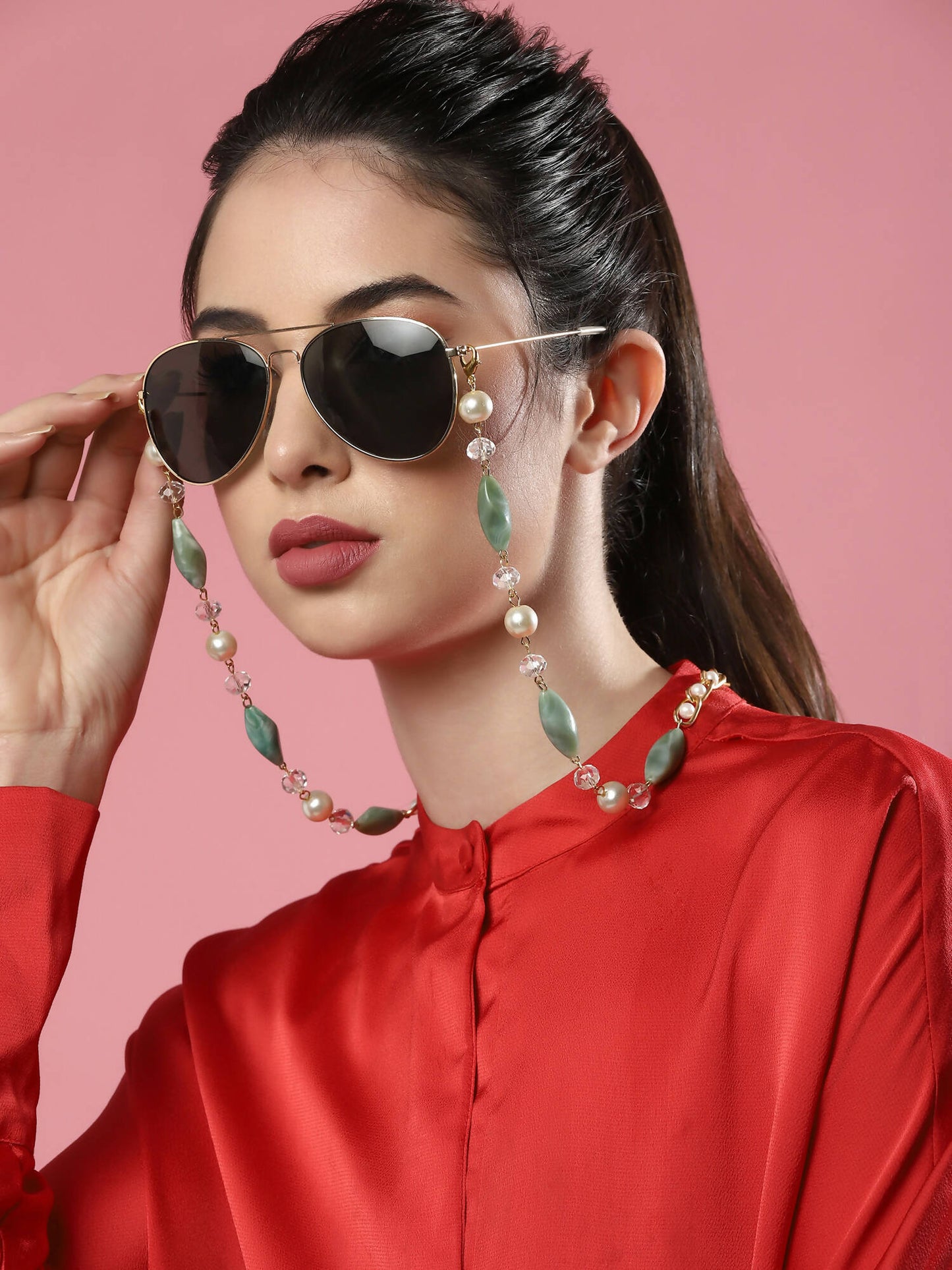 Gold-Toned Green Beaded Mask Chain - Ruby Raang
