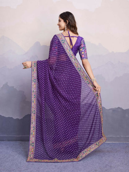 Purple Georgette Bandhani Printed,Embroidery Work Saree - Surkhi