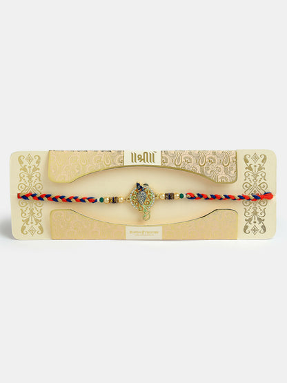 NVR Men Gold-Toned Peacock Design Stone-Studdded Rakhi With Roli Chawal