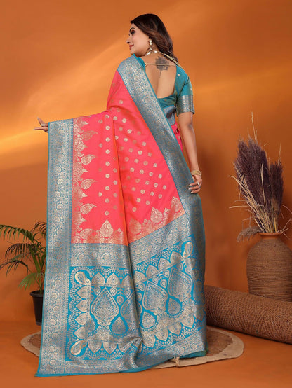 Joban Fashion Banarasi Pink Woven Soft Silk Saree