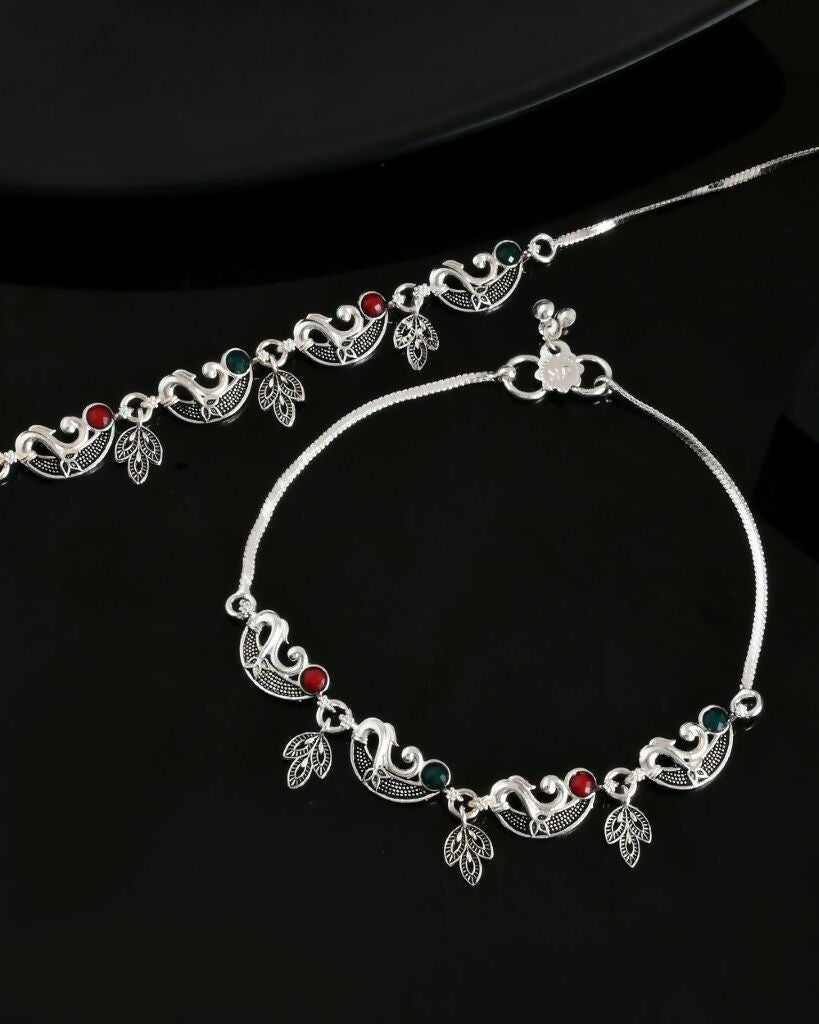 VOJ Set of 2 Silver Plated Meenakari Multi Color Anklet