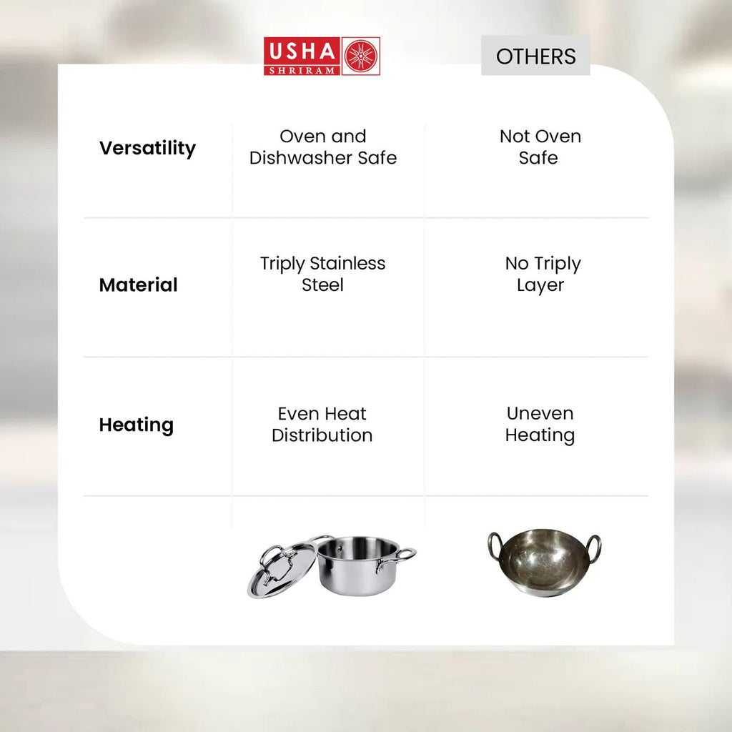 USHA SHRIRAM Triply Stainless Steel Handi 4L 22cm 2.5mm Casserole SS Lid Biryani Pot Cook Serve