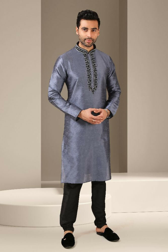Raivat Ethnic Banarasi Art Silk Mirror Work Kurta Pajama In Dark Grey Colour