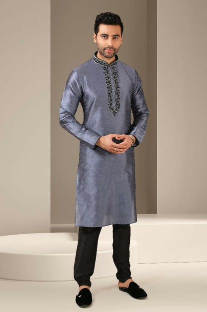 Raivat Ethnic Banarasi Art Silk Mirror Work Kurta Pajama In Dark Grey Colour