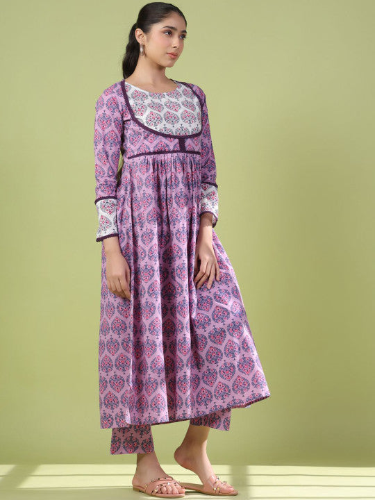 Anayna Women Floral Printed Angrakha Pure Cotton Kurta with Trousers