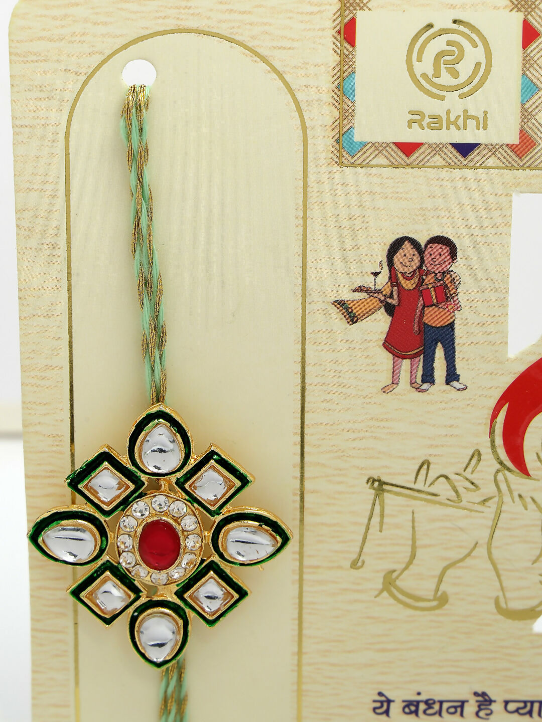 NVR Women & Men Set of 2 Gold Kundan-Studded Handcrafted Wraparound Rakhi Set With Roli Chawal & Chocolate