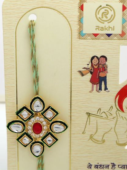 NVR Women & Men Set of 2 Gold Kundan-Studded Handcrafted Wraparound Rakhi Set With Roli Chawal & Chocolate