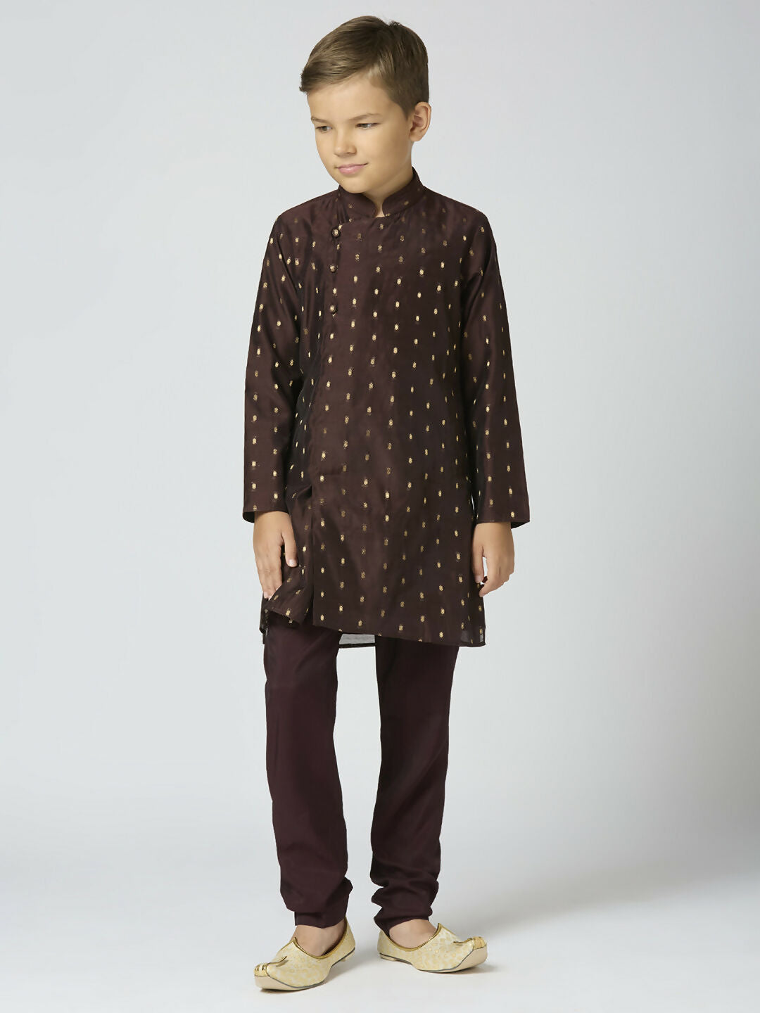 Joban Fashion Kids Island Full Sleeves Chanderi Kurta, Pyjama Set with Traditional Butta Work - Brown