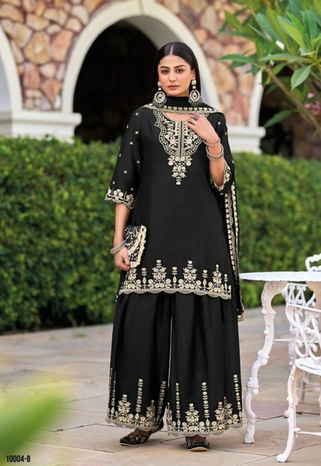Anaita Black Chinon Readymade Palazzo Suit with Heavy Embroidery Work