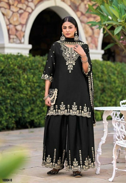 Anaita Black Chinon Readymade Palazzo Suit with Heavy Embroidery Work