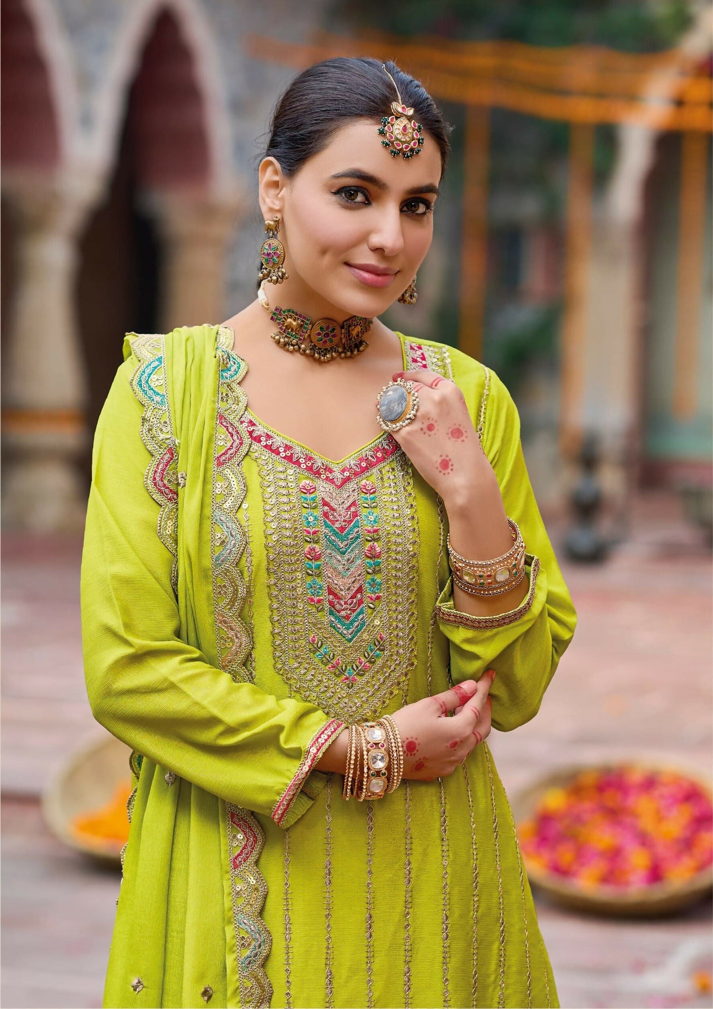 Anaita Lime Yellow Premium Embroidery Dhaga Sequin Work Ready Made Suit