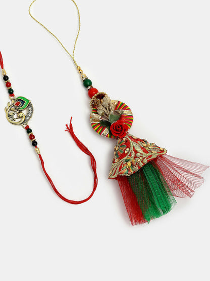 NVR Women & Men Set of 2 Multicolor Peacock Design Bhaiya Bhabhi Rakhi With Roli Chawal