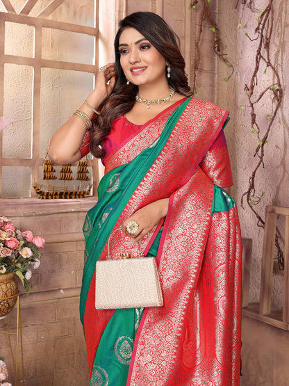Joban Fashion Green Banarasi Soft Silk Woven Saree