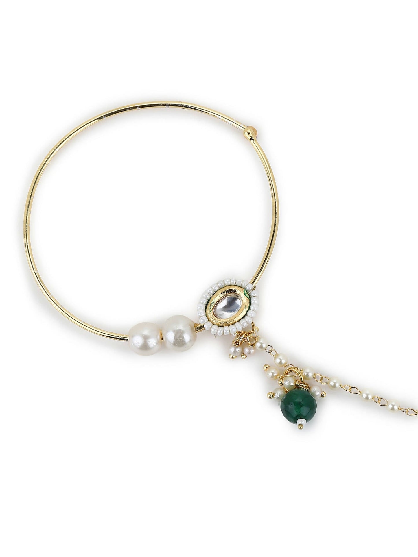 Gold-Polished White Green Kundan-Studded Pearl Beaded Nosepin - Ruby Raang