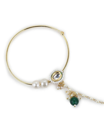 Gold-Polished White Green Kundan-Studded Pearl Beaded Nosepin - Ruby Raang