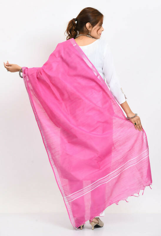 Mominos Fashion Moeza Women's Linen Cotton Silver Border Dark Pink Dupatta