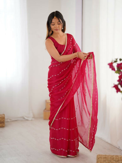 Pink Sitara Chiffon Designer Beads Moti,Val Sequence Work Saree - Noorie